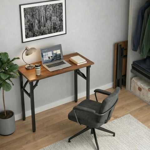 No Fuss Folding Laptop Desk For Small Spaces That Sets Up In Seconds 35.8 Inch Portable Table in Dark Walnut, shown in home office
