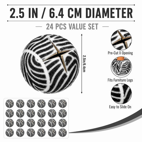 24 Pack Cool Zebra Stripe Furniture Tennis Ball Floor Protectors For Chair And Desk Legs with 2.5 in diameter and pre-cut fit