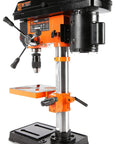 Knockout 10 Inch Benchtop Drill Press With 5 Variable Speeds Up To 3100 Rpm, 3.2 Amp Motor, Built In Laser Guide, Half Inch Keyless Chuck And Solid Cast Iron Table For Badass Weekend Warrior Shops, side view showcasing laser guide and chuck.