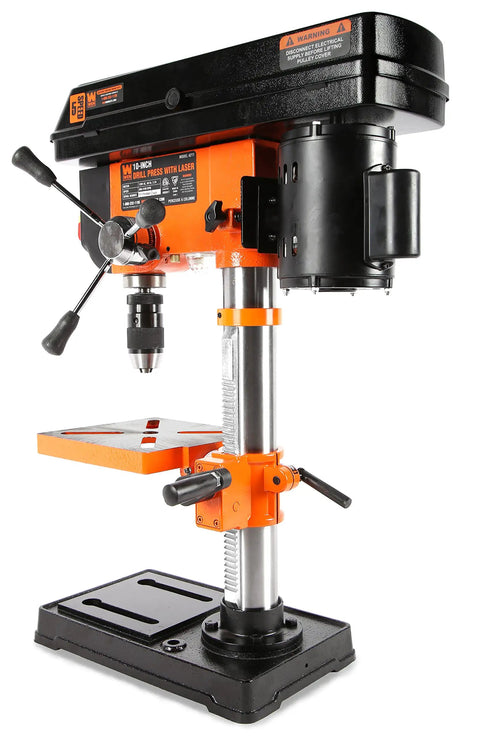 Knockout 10 Inch Benchtop Drill Press With 5 Variable Speeds Up To 3100 Rpm, 3.2 Amp Motor, Built In Laser Guide, Half Inch Keyless Chuck And Solid Cast Iron Table For Badass Weekend Warrior Shops, side view showcasing laser guide and chuck.