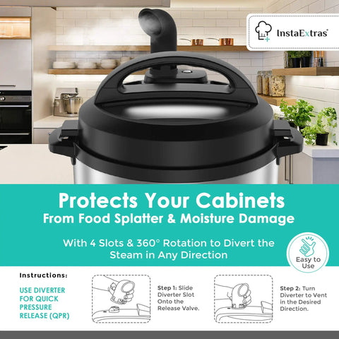 Silicone Steam Release Diverter Accessory for Electric Pressure Cookers on Instant Pot, black color, with safety features described.