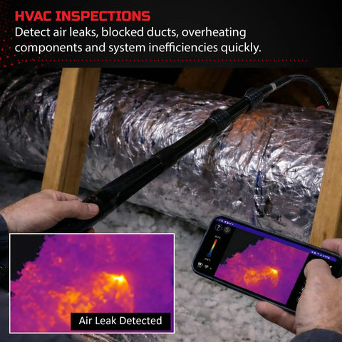 HVAC inspection using Thermal Wireless Imaging Camera with 640x480 TISR Resolution, showing air leak detection on smartphone screen.