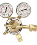 Front view of Victor dual-gauge light-duty purging regulator, brass body for nitrogen/argon/helium.