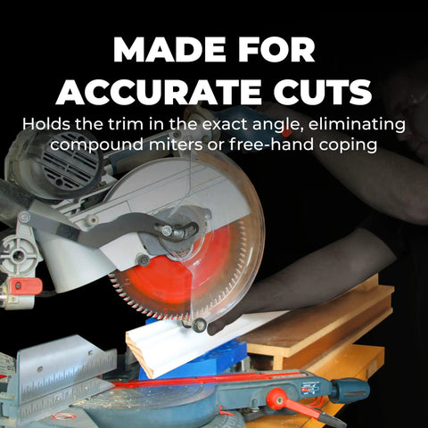 Miter Saw Molding Tool With Adjustable Spring Base, 30 to 60 Degrees, shown cutting trim for seamless installations on 12 inch saw.