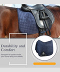 Dressage Ready Equestrian Saddle Pad For Horses Breathable Moisture Wicking Navy Pad shown on horse with saddle