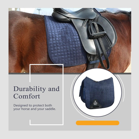 Dressage Ready Equestrian Saddle Pad For Horses Breathable Moisture Wicking Navy Pad shown on horse with saddle