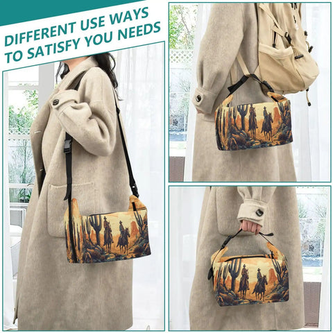 Cowboy Theme Insulated Lunch Bag For Women And Men shown as shoulder and hand-carry tote, desert landscape design, high capacity.