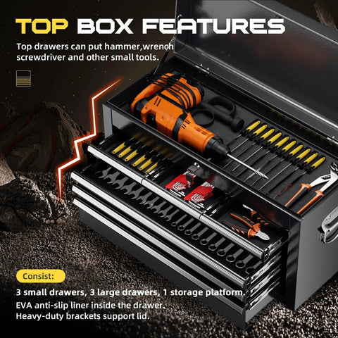 Beefy Heavy Duty Eight Drawer Rolling Tool Chest With Lock Detachable Cabinet showing open top with tools for garage storage.