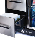Close-up of Large 48 Inch Stainless Steel Outdoor Kitchen Island On Wheels With Ceramic Top Rolling Bar Cart, showing drawer and beverage refrigerator with drinks.