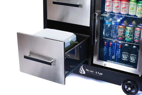 Close-up of Large 48 Inch Stainless Steel Outdoor Kitchen Island On Wheels With Ceramic Top Rolling Bar Cart, showing drawer and beverage refrigerator with drinks.