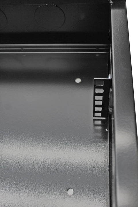 Close-up of interior view showing punchout holes and mounting rack of Bulletproof 2U Wall Mount Network Cabinet Featuring Lockable Solid Door And Heavy Gauge Black Steel Frame Dead Simple Mounting Rails Pull Through Cable Slots For Servers And Routers.