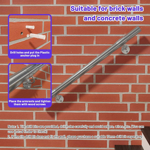 Installation guide for Heavy Duty 3 Ft Industrial Metal Handrail Kit Featuring Solid 304 Stainless Steel Wall Mount Grab Bar for brick walls.