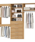 The Real Deal Modular Closet System 96 Inch Wall Mounted Organizer made from sturdy wood featuring adjustable shelves and spacious drawers.