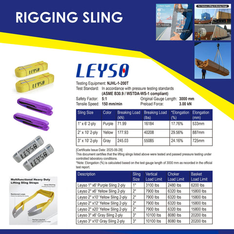 Rigging sling product details with images and specifications, featuring Purple 6 Foot By 1 Inch Multifunctional Heavy Duty Lift Sling Web Strap