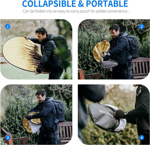Man holding 43 Inch 110cm 5 In 1 Collapsible Light Reflector Diffuser With Bag For Studio And Outdoor Photography Translucent Silver Gold White Black Disc Reflector Kit in outdoor setting.