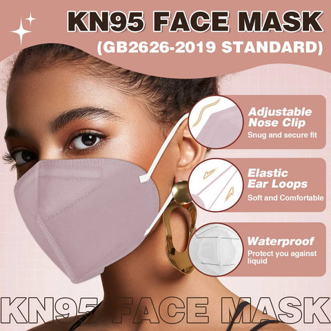Woman wearing pink KN95 face mask for men and women 5 layer disposable respirator with breathable comfort 95 percent filter efficiency