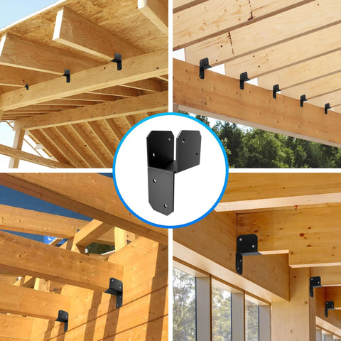 Eight Piece Black Joist Anchor Connectors For 2x4 Lumber Post Caps Tie Brackets in outdoor wooden beam construction