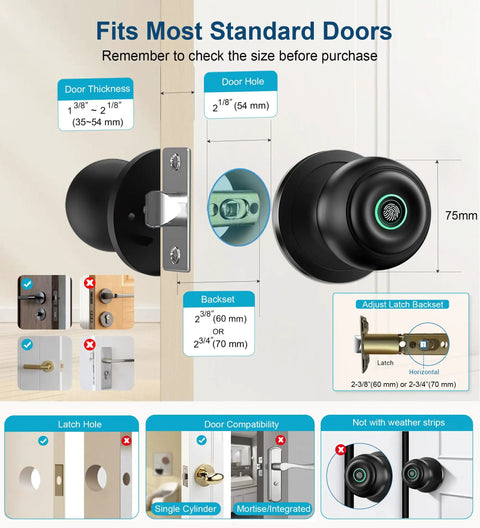 Dimensions and features of Biometric Smart Door Lock With Fingerprint Scanner, App Control And Physical Key in matte black.