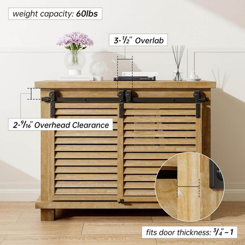 8Ft Bypass Mini Sliding Barn Door Hardware Kit for Two Doors installed on wooden cabinet with black powder coated steel rail.