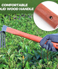Gloved hand holding heavy duty garden tool set 2 piece cultivator kit with carbon steel hoe and rake, 15.2 inch wooden handles.