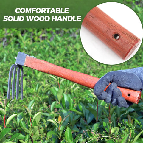 Gloved hand holding heavy duty garden tool set 2 piece cultivator kit with carbon steel hoe and rake, 15.2 inch wooden handles.