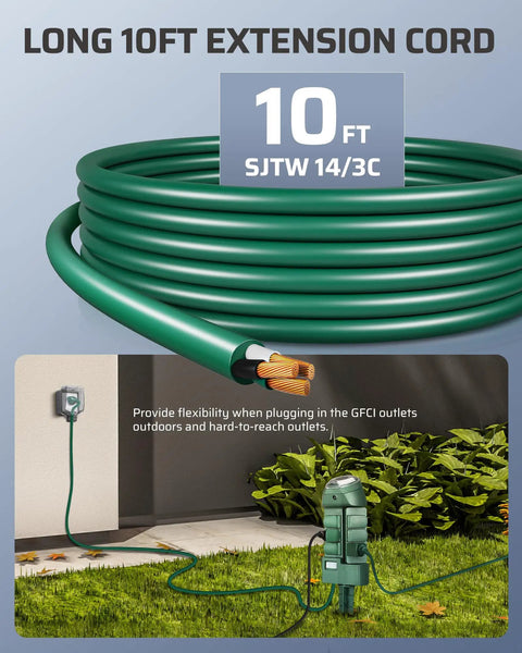 Green 10ft cord for Dope Outdoor Power Strip Timer With Photocell, Weatherproof 6 Outlet Yard Stake Power Strip
