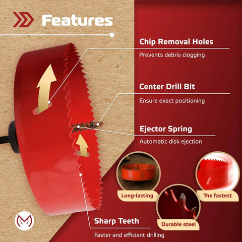 Side view of red MonoPro bi-metal hole saw with silicone dust bowl for recessed lights; 6-1/4 in, 11/32 hex shank