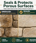 Top-Shelf Satin Stone Sealer and Color Enhancer Amps Up Tones on Porous Pavers and Rock with a Natural Low-Gloss Sheen for a Rich Glow Up while Shielding Surfaces from Weather Damage in One Gallon Bulk, comparison of sealed and unsealed porous surfaces.
