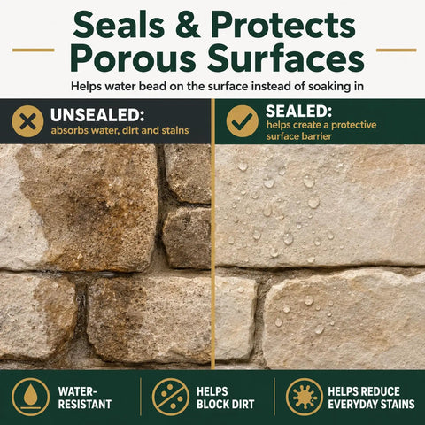Top-Shelf Satin Stone Sealer and Color Enhancer Amps Up Tones on Porous Pavers and Rock with a Natural Low-Gloss Sheen for a Rich Glow Up while Shielding Surfaces from Weather Damage in One Gallon Bulk, comparison of sealed and unsealed porous surfaces.