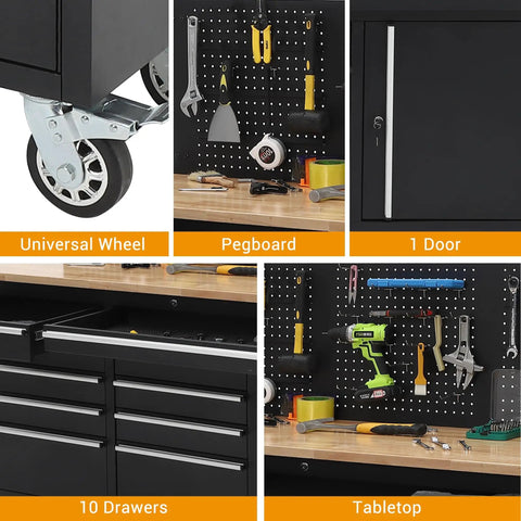 Collage of 61 Inch Mobile Tool Chest With Nine Drawers Rolling Cabinet On Heavy Duty Wheels Locking System And Drawer Liners.