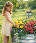 Child admiring flowers in Two By Two By One Foot Galvanized Raised Garden Bed Set For Outdoor Use Durable Metal Planter Beds For Vegetables Fruits