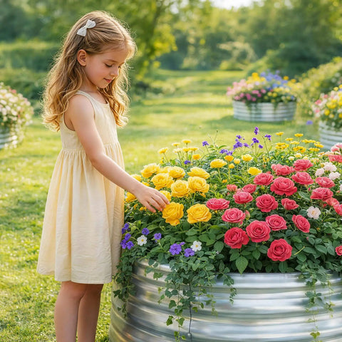 Child admiring flowers in Two By Two By One Foot Galvanized Raised Garden Bed Set For Outdoor Use Durable Metal Planter Beds For Vegetables Fruits