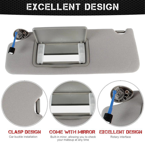 Left Driver Side Sun Visor Replacement For Honda Pilot 2016 To 2022, Ridgeline 2017 To 2023, And Passport 2019 To 2022 Gray Top Notch Interior Sunshade Upgrade Kit Included showing clasp and mirror design.