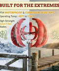 Vertical Wind Turbine Kit 100W 300W 500W With MPPT Controller showcasing weather resistance in snowy mountain and sunny lakeside.