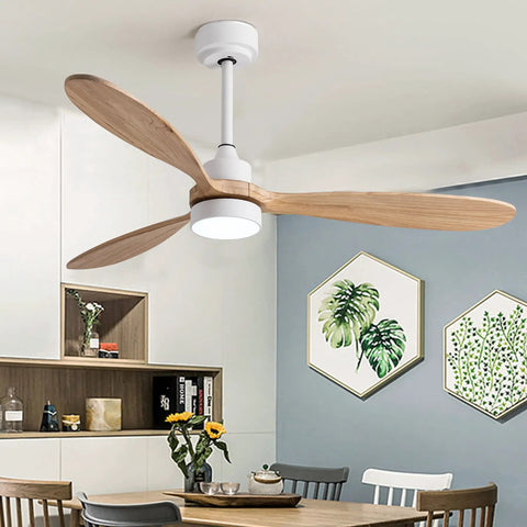 Cool 52 Inch Wood Ceiling Fan With Light And Remote, 3 wood blades, installed in a dining area with modern decor
