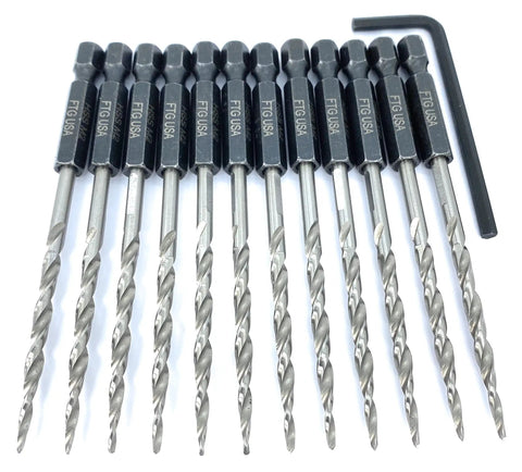 Durable Tapered Wood Drill Bits Set, 12 Piece, Size Nine Sixty Fourth Inch, Replacement for Countersink Bit Set, All Bits The Same Size, Version 2.0 Max Torque Hex Shank, Easy Swap for Woodworking.