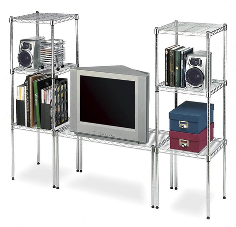 Heavy Duty Wire Shelving Unit With Metal Storage Shelves, books, and electronics organized in a home setting