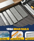 Solid As A Rock 18 Gauge Brad Nails 1 3/4 Inch Head 1000 Piece Box Premium Galvanized Steel shown with packaging and fasteners.