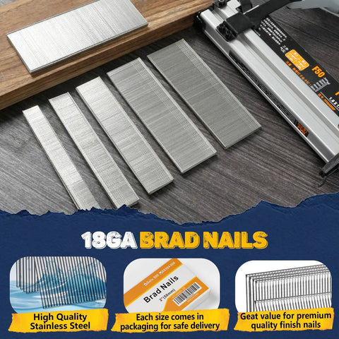 Solid As A Rock 18 Gauge Brad Nails 1 3/4 Inch Head 1000 Piece Box Premium Galvanized Steel shown with packaging and fasteners.