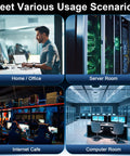 Various usage scenarios for Cat 8 Ethernet Cable 100 Ft Shielded Beefy High Speed Network Cable shown in home, server, cafe, computer rooms.