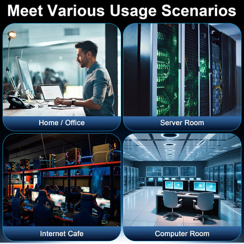 Various usage scenarios for Cat 8 Ethernet Cable 100 Ft Shielded Beefy High Speed Network Cable shown in home, server, cafe, computer rooms.
