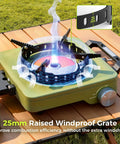 Propane Camping Stove 2 Burner Hybrid Infrared And Open Flame 36,000 BTU with windproof grate on wooden table outdoors