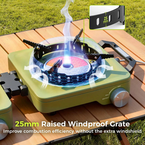 Propane Camping Stove 2 Burner Hybrid Infrared And Open Flame 36,000 BTU with windproof grate on wooden table outdoors
