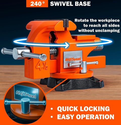 Four And A Half Inch Bench Vise With 240 Degree Swivel Base And Anvil, Built Tough Cast Iron Heavy Duty Vise For Woodworking Drilling