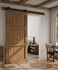 Five Foot Sliding Barn Door Hardware Kit Heavy Duty With Quiet Smooth Operation and Easy Install shown installed on wooden door