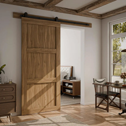10ft Sliding Barn Door Hardware Kit Built Tough for 60 Inch Wide Single Door Panel in room with black T Shaped Track System