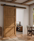Six Foot Sliding Barn Door Hardware Kit Heavy Duty Silent Operation With Nylon Wheels And Spring Damping installed in living room