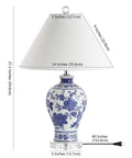 Blue And White Chinoiserie Floral Ceramic Table Lamp With Crystal Base And White Linen Shade Classic Vase Style Living Room Lighting With A Lit Vibe LED Bulb Included ETL Listed with dimensions.