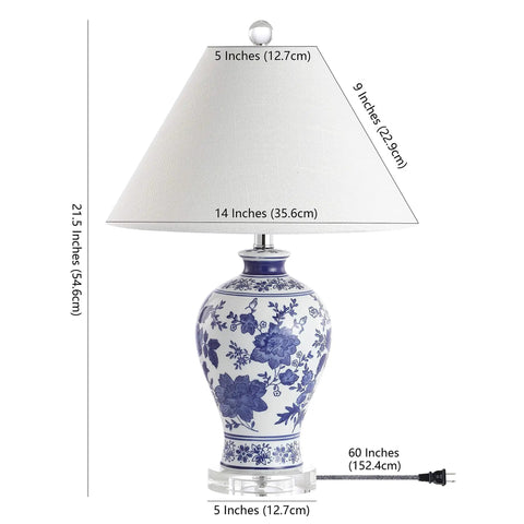 Blue And White Chinoiserie Floral Ceramic Table Lamp With Crystal Base And White Linen Shade Classic Vase Style Living Room Lighting With A Lit Vibe LED Bulb Included ETL Listed with dimensions.