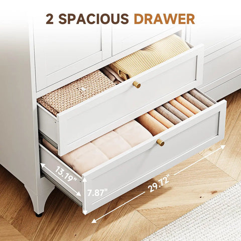 Open drawers of Built To Last Steel Armoire Wardrobe Closet With Two Drawers showing interior dimensions and storage space
